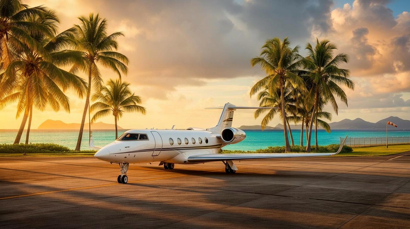 Luxury private jet on a Caribbean tarmac at golden hour